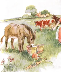 „Láttam két vödör tejjel, és hosszan ittam egy finom italt” – illusztráció a „The Naughty Neddy Book”-ból, Thomas Nelson und Sons, 1920-as évek